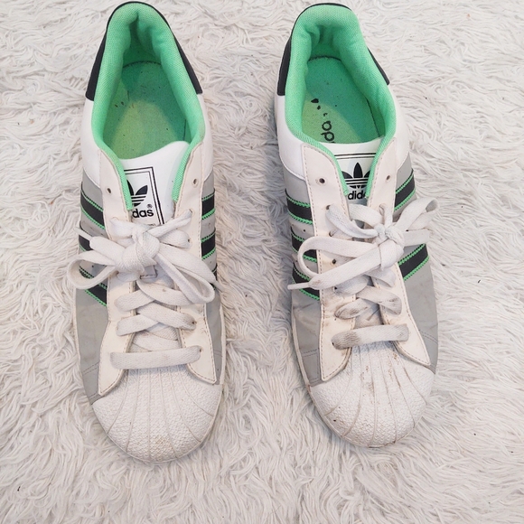 Men's Adidas Superstars Gray Black and Lime Green - Picture 2 of 5